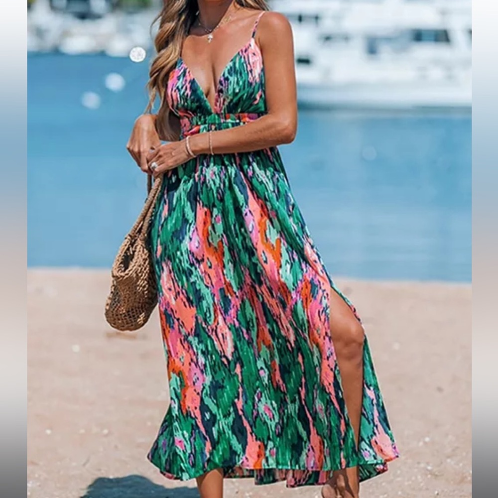 NWT midi maxi beach vacation dress keyhole multi color